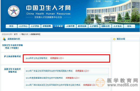 2013年护士执业资格考试成绩查询入口