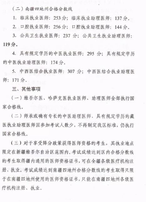 新疆考区2016年医师资格考试医学综合笔试合格分数线