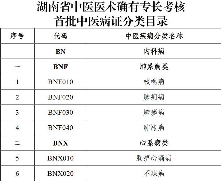 湖南省中医医术确有专长考核首批中医病证分类及中医医疗技术目录