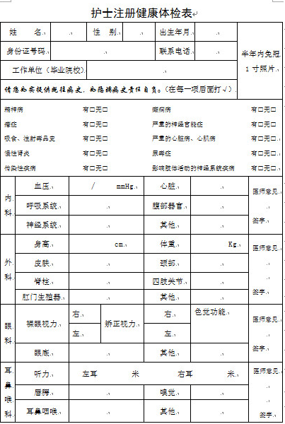 2018护士注册体检表_护士注册健康体检表下载