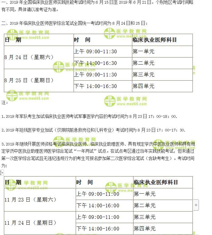 临床执业医师考试时间