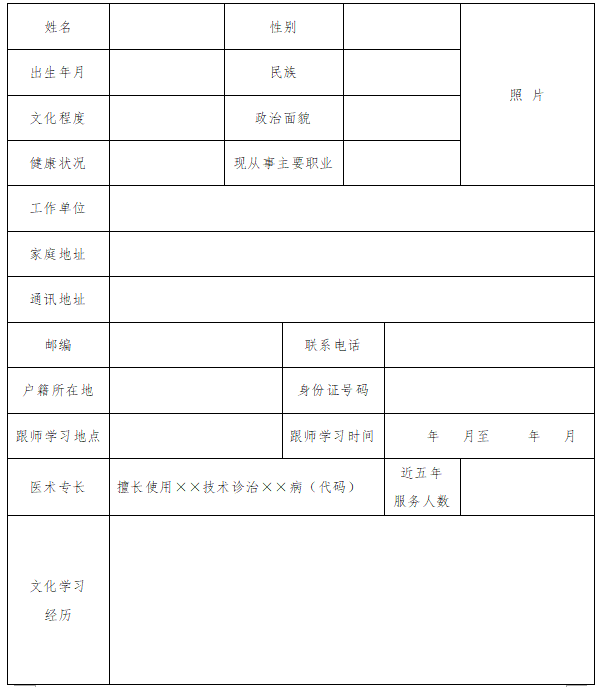 中医医术专长（师承学习人员）考核申请表模板（附下载）