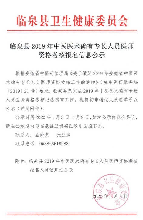 阜阳市临泉县2019年中医医术确有专长人员医师资格考核报名人员信息汇总表