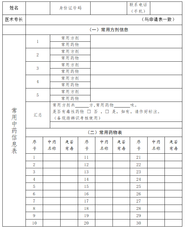 中医医术确有专长人员医师资格考核报名“常用中药信息表”下载