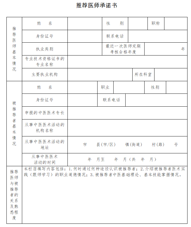 中医医术确有专长考核报名材料：推荐医师承诺书下载