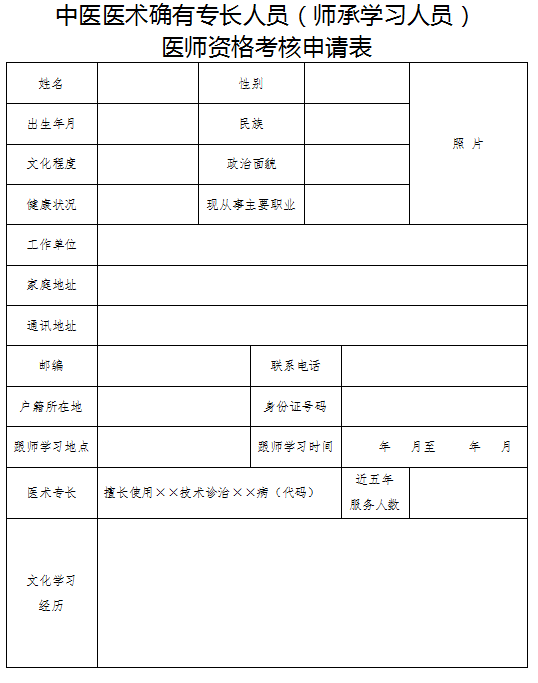 中医医术确有专长人员（师承学习人员）医师资格考核申请表填写模板