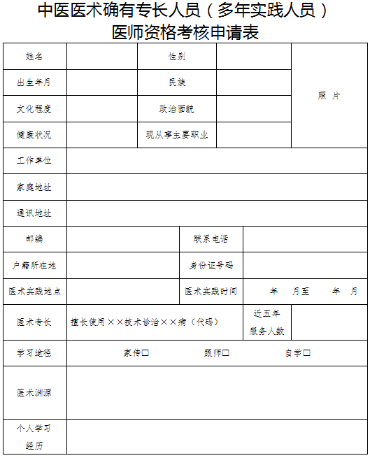 中医医术确有专长（多年实践人员）医师资格考核申请表模板