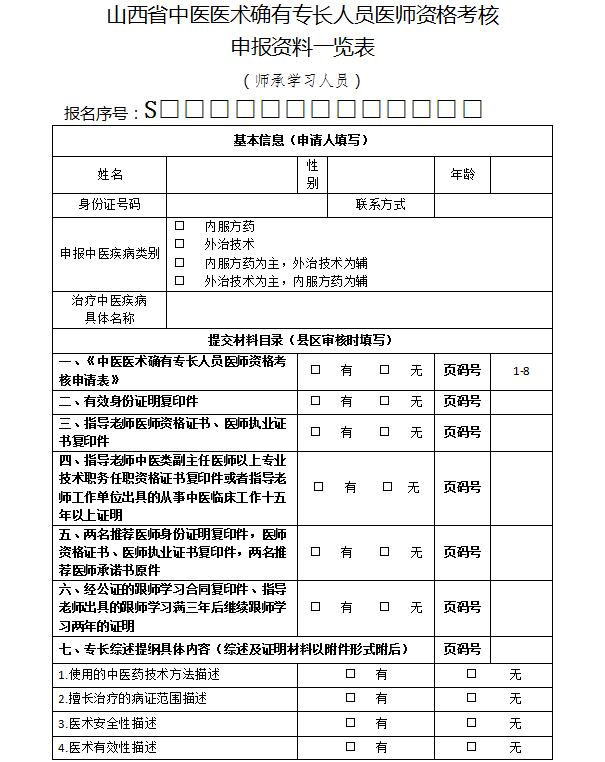 山西省中医专长考核申报资料一览表（师承学习人员）模板