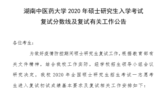 湖南中医药大学2020硕士研究生复试分数线及复试的公告