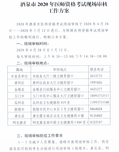 甘肃省酒泉市2020年中医助理医师资格考试现场审核通知