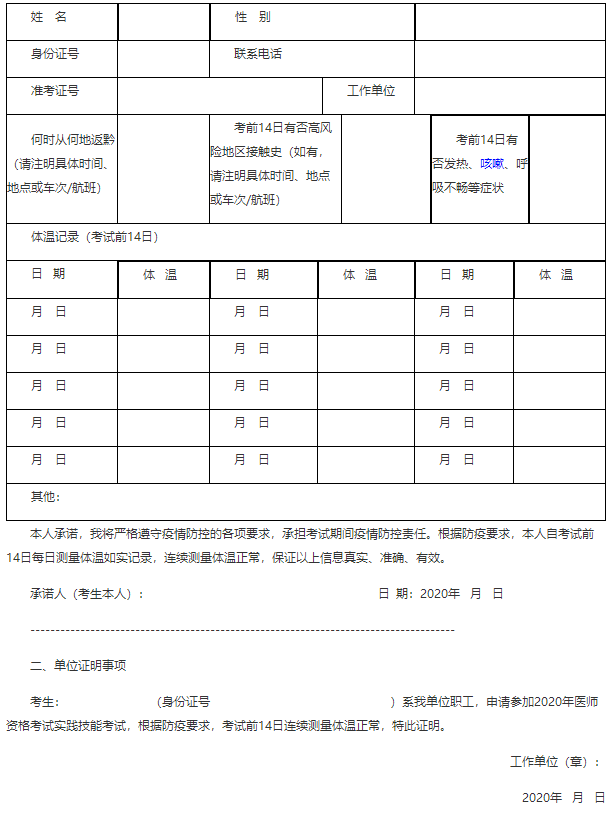 2020年贵州省医师实践技能考试外省返黔考生体温测量登记表（证明）