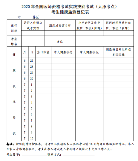 下载太原考点20中西医结合助理医师实践技能考生健康监测登记表