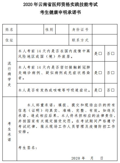 ​云南省2020年中西医执业助理医师考生健康申明承诺书