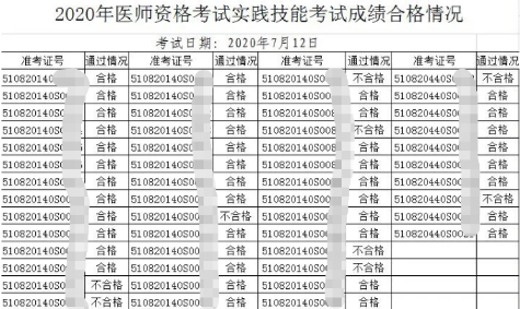 四川省宜宾考点2020年7月12日助理医师实践技能考试合格成绩查询