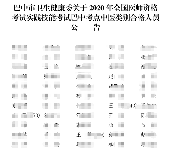 四川巴中2020年中医执业医师（140）实践技能考试通过人员名单