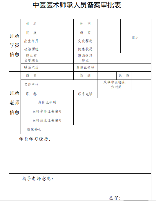 宁夏2020年中医医术师承人员备案审批表（下载）