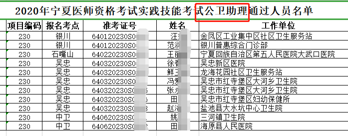 2020年公卫执业助理医师资格实践技能考试宁夏考区技能考试通过人员名单