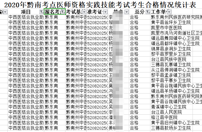 黔东南考点2020年中西医结合助理医师资格技能考试合格名单