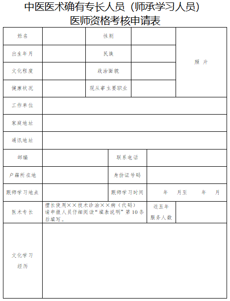 青海2020年中医医术确有专长人员（师承学习人员）医师资格考核申请表