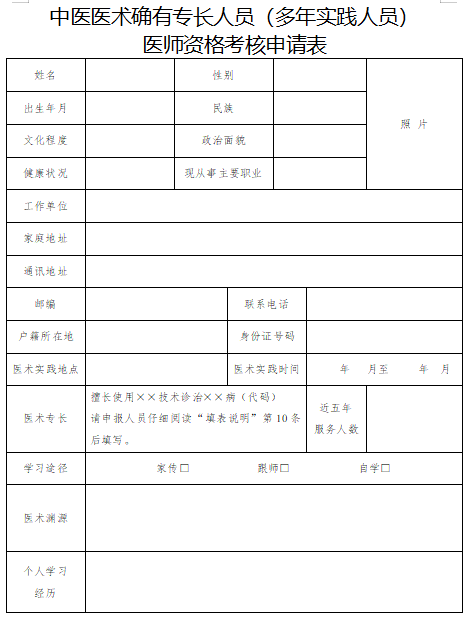 青海中医医术确有专长人员（多年实践人员）医师资格考核申请表下载