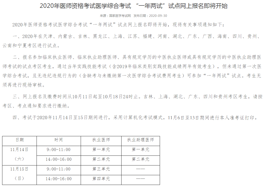 2020年执业医师一年二试省份有没有北京市？