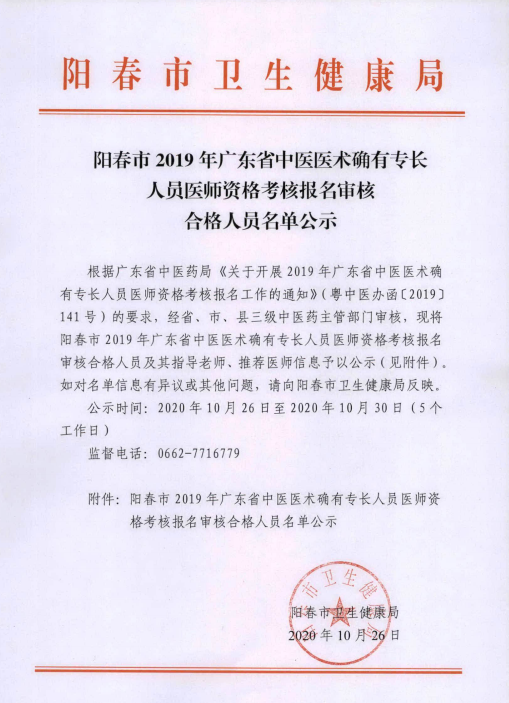 阳江市阳春市2019年中医医术确有专长人员医师资格考试报名初审人员