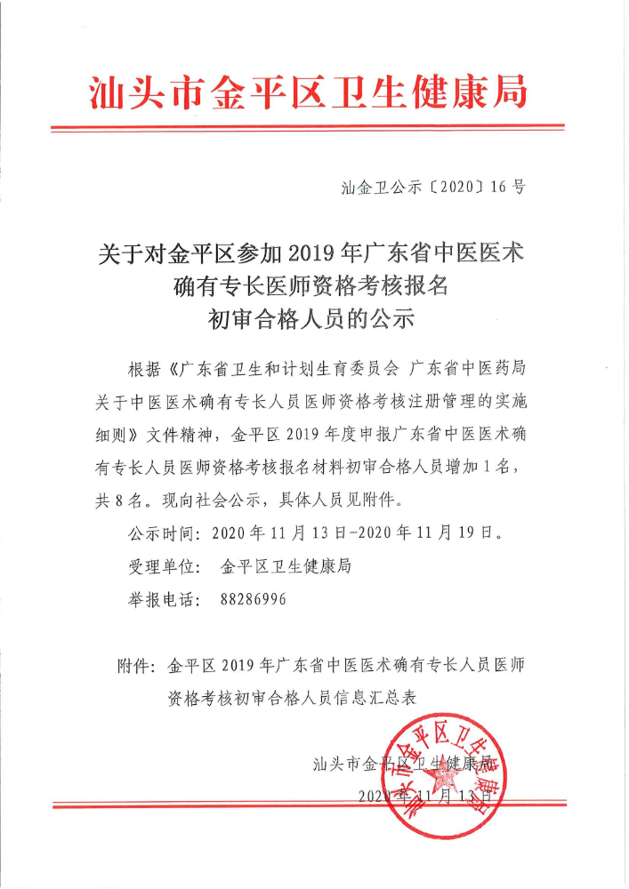 汕头市金平区2019年中医医术确有专长人员医师资格考核报名初审人员公示