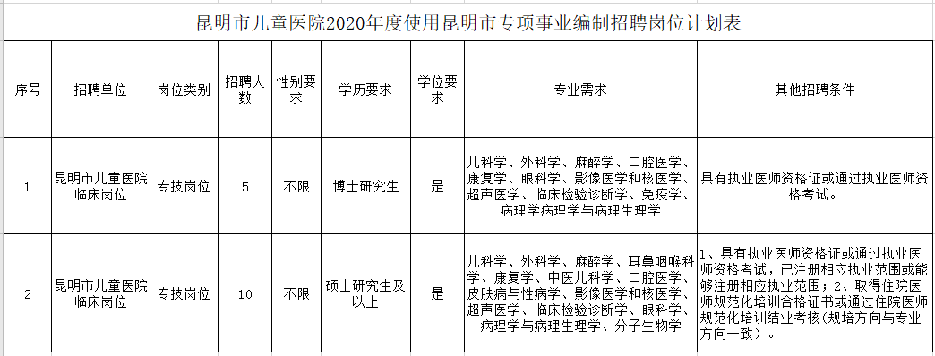 云南省昆明市儿童医院使用昆明市专项编制2020年招聘岗位计划表