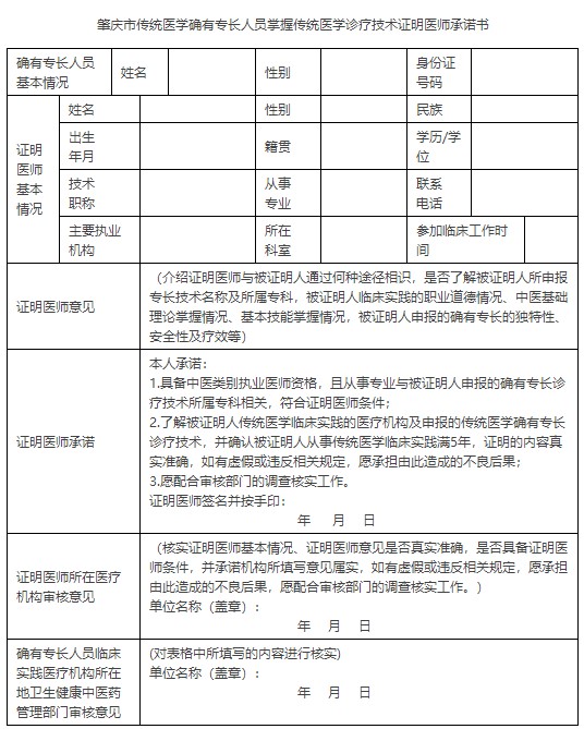 肇庆市传统医学确有专长人员掌握传统医学诊疗技术证明医师承诺书