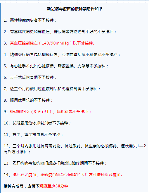 新冠疫苗接种禁忌书