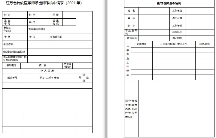 江苏省传统医学师承出师考核申请表（2021年）