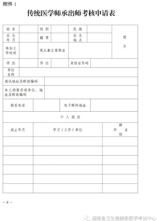 湖南省2021年传统医学师承出师考核申请表下载