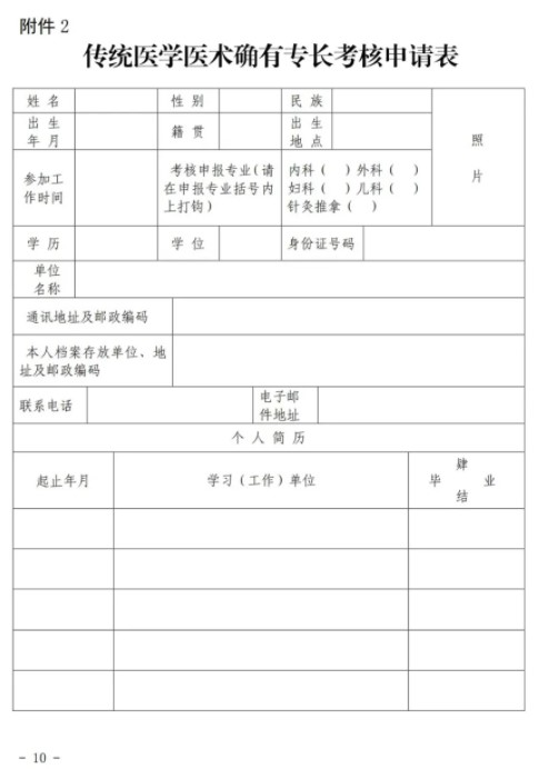 湖南省2021年传统医学医术确有专长考核申请表下载