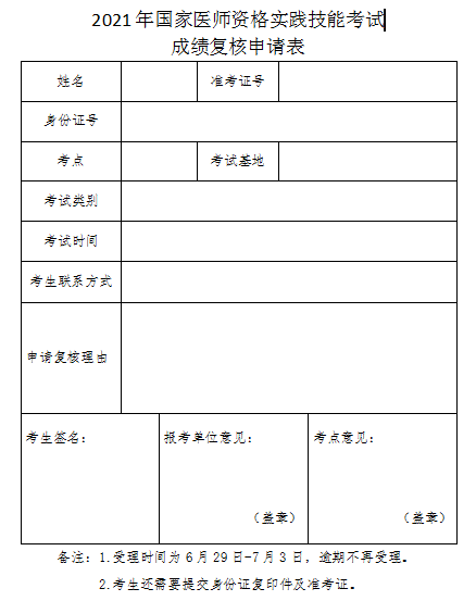 江西考区2021年口腔执业助理医师实践技能成绩复核申请表下载地址