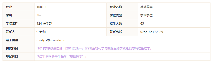 深圳大学2022年基础医学专业学位招生人数与初试科目