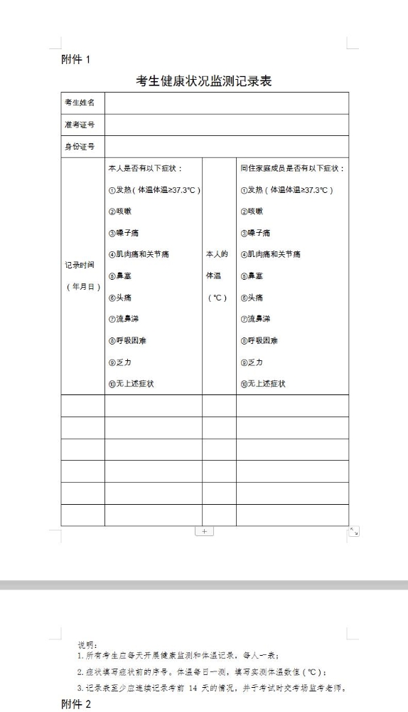 2021年北京市口腔执业医师综合考试考生健康状况监测记录表