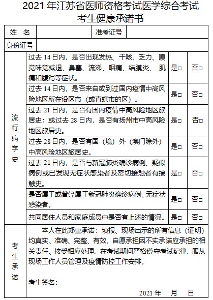 2021年江苏考区临床助理医师资格考试健康承诺书下载