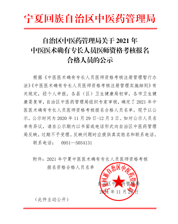 宁夏2021年中医医术确有专长人员医师资格考核报名审核合格人员名单