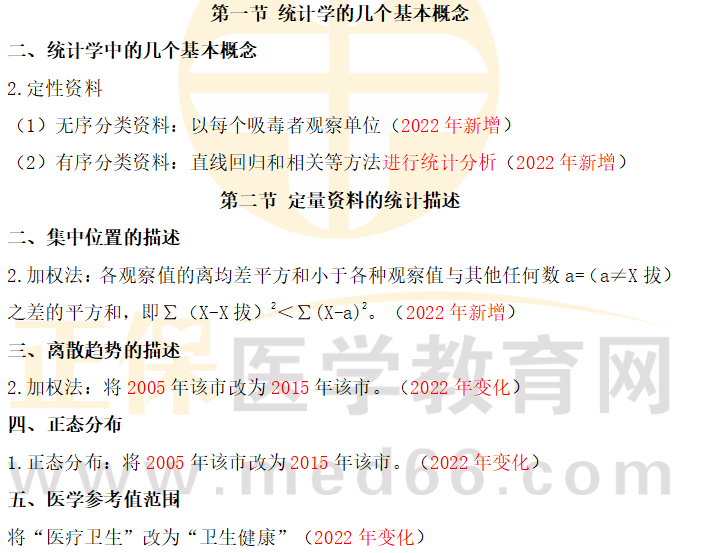 国家2022年公卫执业医师考试《卫生统计学》官方教材变动对比