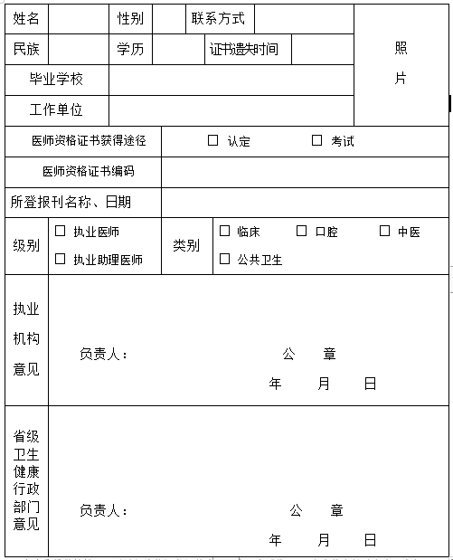 南阳市中西医执业助理医师《医师资格证书》补发申请表