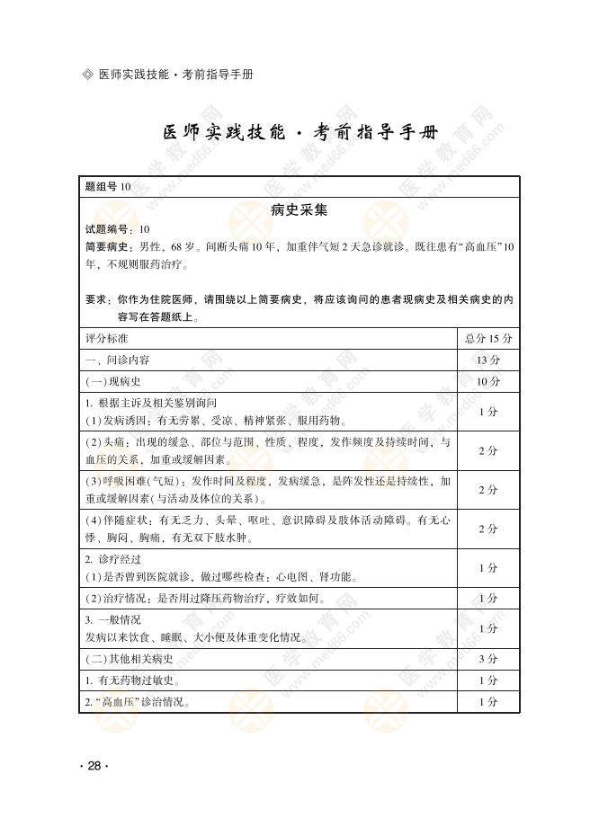 2022年临床医师实践技能考试【病史采集】10号精编考题（附解析）