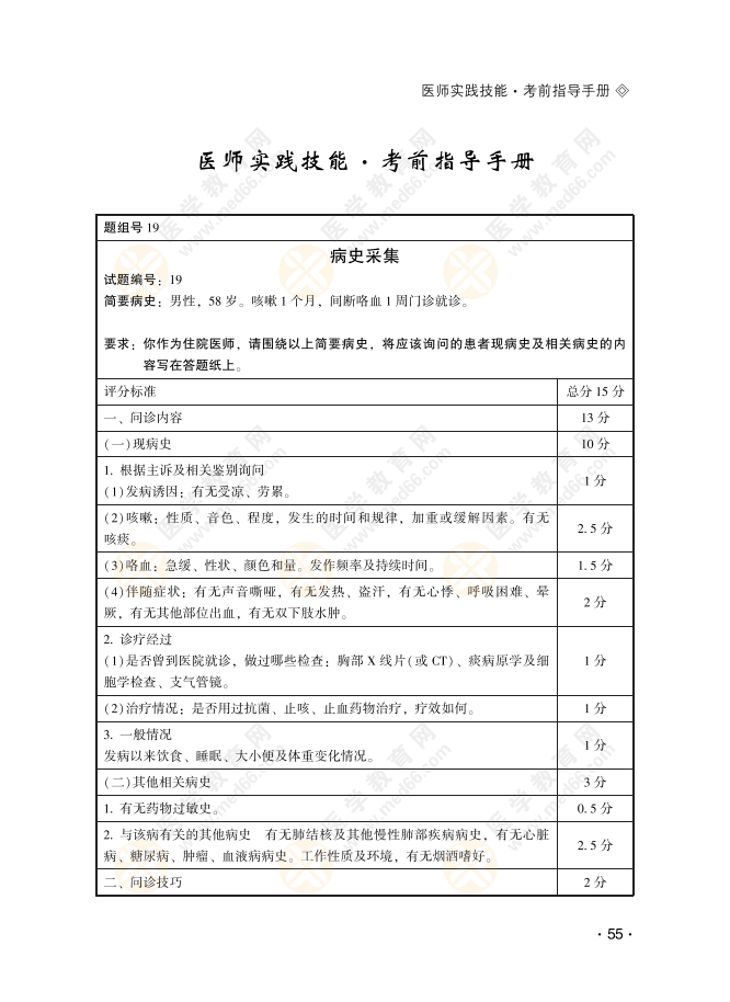 临床病史采集19号习题：男性，58岁。咳嗽1个月，间断咯血1周门诊就诊