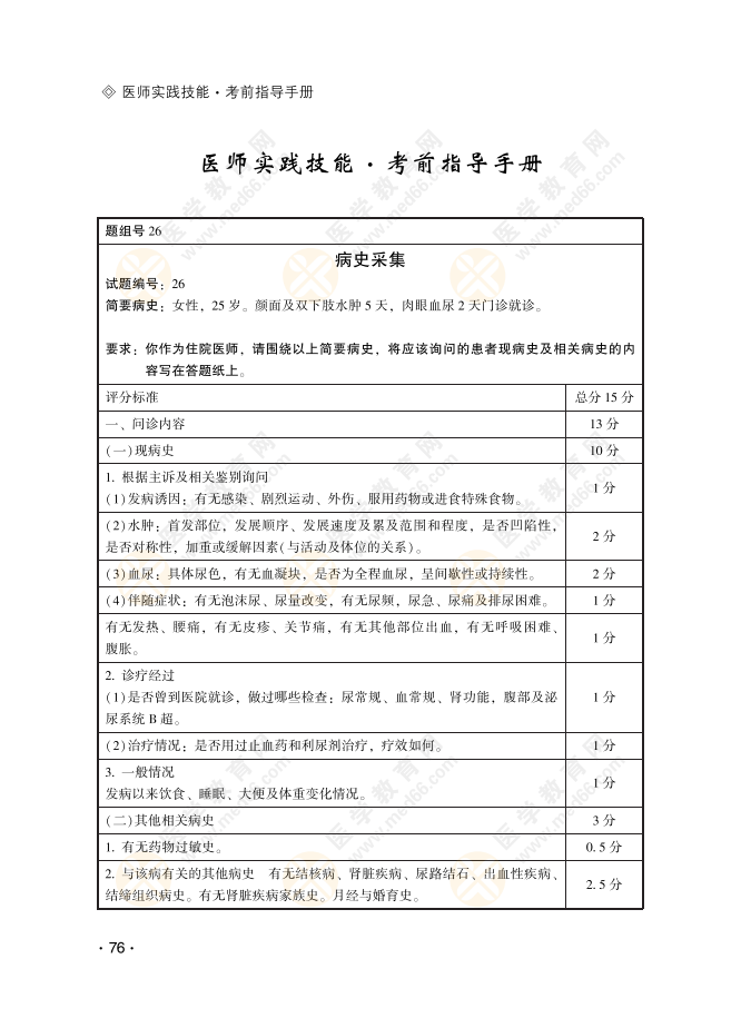 【病史采集26号习题】女性，25岁。颜面及双下肢水肿5天，肉眼血尿2天门诊就诊