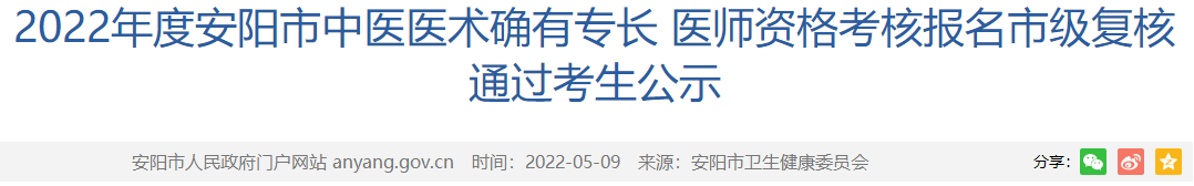 河南省2022年度中医医术确有专长医师资格考核报名市级复核通过考生公示汇总