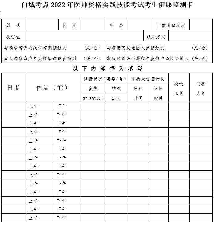 2022年吉林省白城市中医助理医师资格实践技能考试考生健康监测卡（附下载）