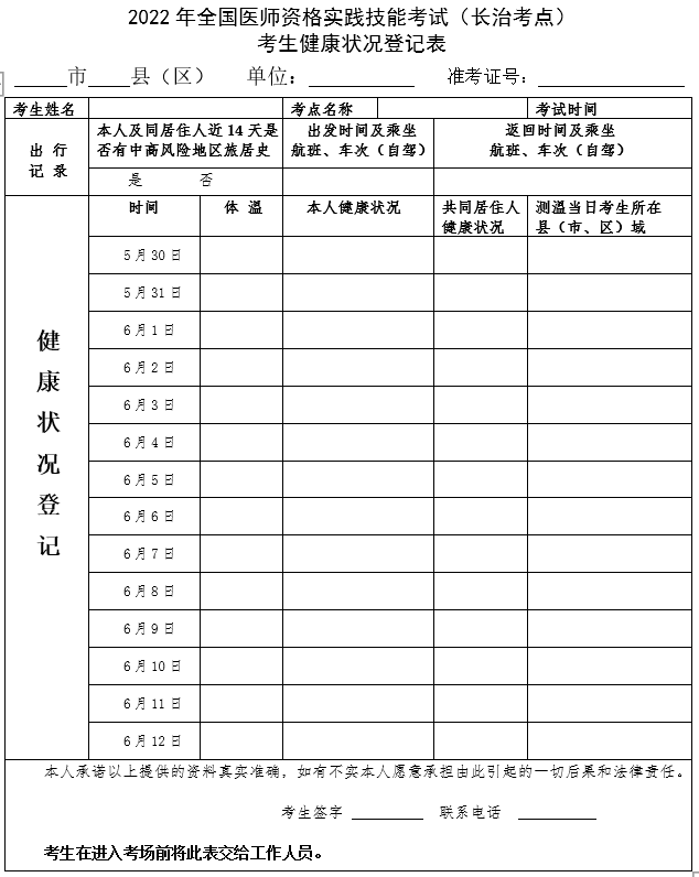 2022年医师资格实践技能考试长治考点考生健康状况登记表