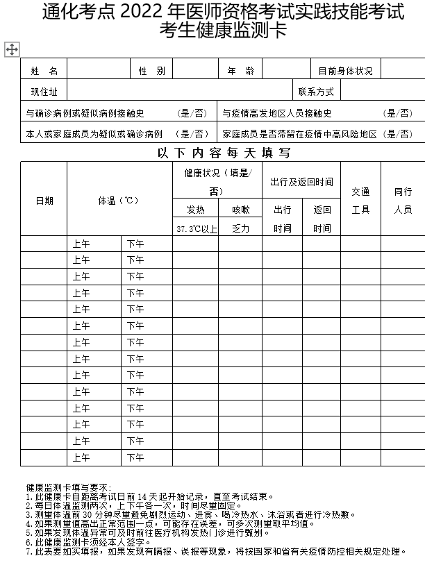 2022年医师资格考试考生监测卡、承诺书（通化考点）