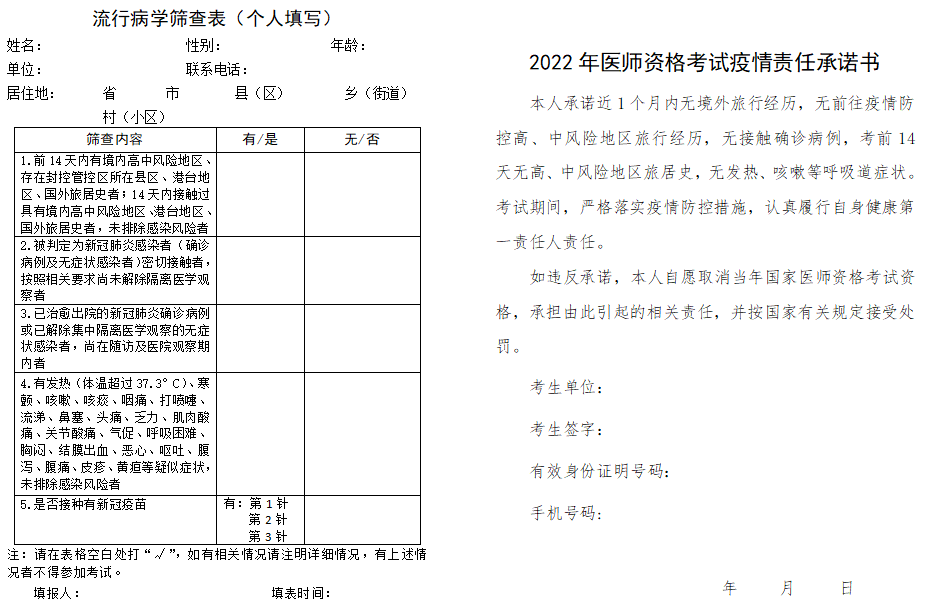 河南省漯河考点流行病学筛查表和2022年中医执业医师资格考试疫情责任承诺书