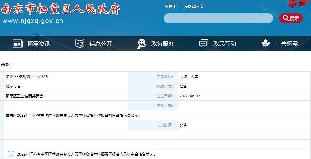 栖霞区2022年江苏省中医医术确有专长人员医师资格考核报名初审合格人员公示