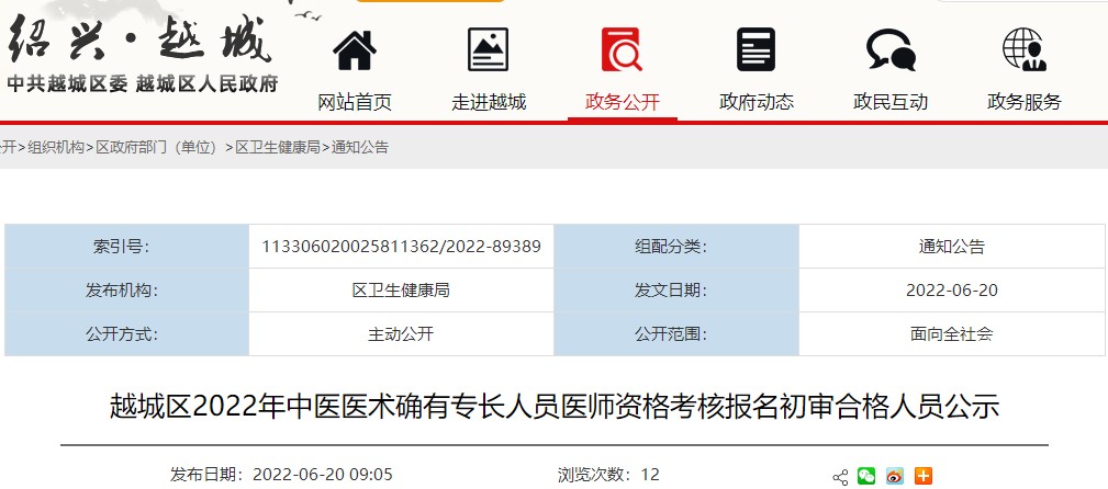 2022年度绍兴市越城区中医医术确有专长人员医师资格考核报名初审合格人员公示名单